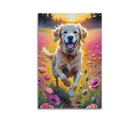 Poster animal peint Golden Retriever dans un champ de fleurs - Art mural moderne sur toile - Décoration esthétique - 30 x 45 cm - Style sans cadre