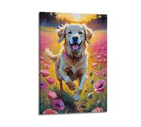 Poster animal peint Golden Retriever dans un champ de fleurs - Art mural moderne sur toile - Décoration esthétique - 60 x 90 cm - Style cadre
