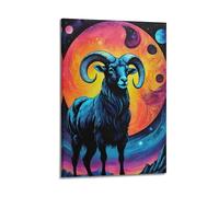 Poster animal Ram Mystique Cosmic Montagne fantaisie spirale bleue galaxie planète œuvre d'art sur toile pour chambre à coucher 30 x 45 cm