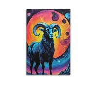 Poster animal Ram Mystique Cosmic Montagne fantaisie spirale bleue galaxie planète œuvre d'art sur toile pour chambre à coucher 30 x 45 cm