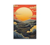 Poster animal Ukiyo-e Vagues, coucher de soleil, montagnes, ciel - Impression sur toile esthétique pour salon, chambre à coucher - 30 x 45 cm - Style sans cadre