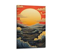 Poster animal Ukiyo-e Vagues, coucher de soleil, montagnes, ciel - Impression sur toile esthétique pour salon, chambre à coucher - 30 x 45 cm - Style cadre