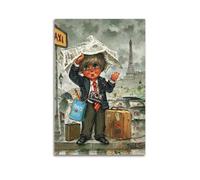 Poster animal voyageur tenant des bagages près de la tour Eiffel - Impression sur toile esthétique pour salon, chambre à coucher - 20 x 30 cm - Style sans cadre