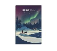 Poster aurore boréale en Laponie - Souvenir de voyage en Finlande, décoration murale d'hiver, ski, affiche laponie, cadeau d'anniversaire pour lui, poster décoratif sur toile, affiches murales et