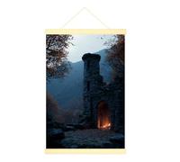 Poster château à suspendre sur toile - Art mural gothique, montagnes mystérieuses et arbres - Halloween - Bleu foncé - 40,6 x 61 cm