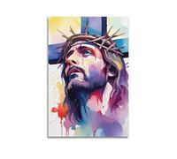 Poster chrétien coloré de Jésus Christ avec couronne d'épines - Peinture d'art religieuse sur toile - Affiches murales et image d'art moderne pour décoration de chambre à coucher (30 x 45 cm)