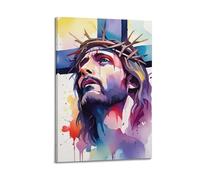 Poster chrétien coloré Jésus Christ avec couronne d'épines - Peinture d'art religieuse décorative sur toile - Affiches murales et image d'art moderne pour décoration de chambre à coucher (50 x 75 cm)