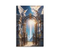Poster chrétien sur toile pour décoration de chambre à coucher - Statue d'ange en pierre devant le temple - 20 x 30 cm