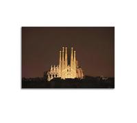 Poster d'architecture gothique de la Sagrada Familia Barcelone Espagne avec lumières nocturnes et flèches - Décoration murale moderne pour chambre à coucher - 60 x 90 cm