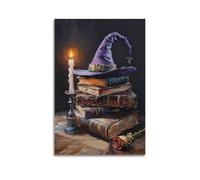 Poster d'art mural avec chapeau de sorcière et livres antiques - Peinture magique aux chandelles pour l'école de sorcellerie ou la bibliothèque d'Halloween - 50 x 75 cm
