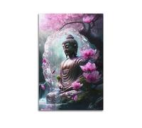 Poster d'art religieux Zen Seigneur Bouddha et lotus près de la cascade Décoration murale 40 x 60 cm