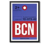 Poster de Barcelone pour bagages - Impression de billet d'aéroport - Tampon de voyage - Art mural - Mat d'archivage - A4 (cadre noir) - 29,7 x 21 cm