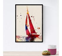 Poster de bateau Nacnique Voilier avec design aquarelle. Mélange de feuilles de style aquarelle pour la décoration d'intérieur. Taille A4 avec cadre