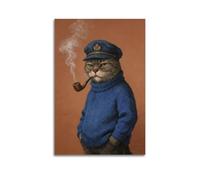 Poster de capitaine chat bleu vintage pipe gentleman chat peinture décorative intéressante salle d'étude café art animal décoration murale 60 x 90 cm