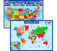 Poster de carte du monde et carte des États-Unis avec fonctionnalités supplémentaires - Poster éducatif laminé (35,6 x 49,5 cm) - Cartes pour enfants, décorations de salle de classe, apprentissage