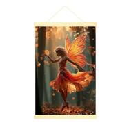 Poster de fée à suspendre sur toile - Art mural - Ailes de papillon fantaisistes - Feuilles d'automne - Orange - Avec cadre - Décoration de cuisine ou de salle de bain - 40,6 x 61 cm