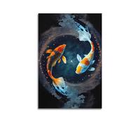 Poster de la vie marine japonaise avec carpe koï Ying Yang - Décoration murale rétro - Esthétique - Décoration d'intérieur - 40 x 60 cm - Sans cadre