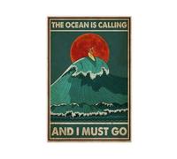Poster de motivation sur toile « The Ocean Is Calling And I Must Go » - Motif surf - Style rétro - Décoration pour chambre à coucher, bureau, chambre - Cadeau sans cadre : 40 x 60 cm