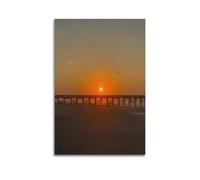 Poster de paysage avec silhouette de jetée de coucher de soleil avec oiseau solitaire - Impression sur toile pour salon, chambre à coucher - 40 x 60 cm - Style sans cadre
