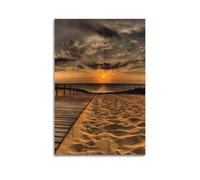 Poster de paysage en bois sur une plage de sable au coucher du soleil - Impression sur toile esthétique pour salon, chambre à coucher - 40 x 60 cm - Style sans cadre