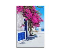 Poster de paysage Les villes bleues et blanches de Grèce sont pleines d'arbres et de fleurs et de maisons blanches - Poster décoratif sur toile - Poster mural moderne pour chambre à coucher