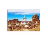 Poster de paysage mongol Gobi Stupas en grand angle - Art mural moderne sur toile - Décoration esthétique - 60 x 90 cm - Style sans cadre