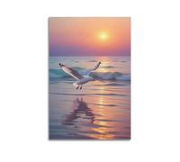 Poster de paysage Mouette en vol au-dessus du coucher de soleil reflétant les vagues de l'océan - Impression sur toile pour salon, chambre à coucher - 40 x 60 cm - Style sans cadre