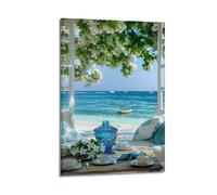 Poster de paysage, vue côtière depuis une fleur, fenêtre encadrée avec vase bleu, décoration murale sur toile pour salon, chambre à coucher, 30 x 45 cm, style cadre