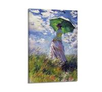 Poster de peinture à l'huile de paysage avec inscription « A Woman in A Dress Holding An Umbrella Walks on A Green Hill side in Spring » - Impression sur toile murale et décoration moderne pour