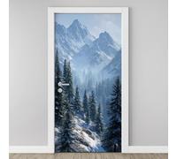 Poster de Porte Forêt de Pins Autocollants de Porte Trompe l'oeil Auto-Adhésif 3D Paysage Naturel Montagne Hiver, Affiche Sticker de Porte Mural PVC Décoration Chambre Salon Cuisine Salle 80x200 cm