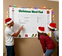 Poster de recherche de mots de Noël comme énigme familial, expérience de vacances interactive avec connexion de lettres, jeu en papier décoratif pour les heures communes, emploi festif pour les