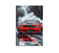 Poster de voiture de sport Dodge Challenger Hellcat sur route humide avec reflet dynamique des pneus, affiches murales sur toile imprimées pour décoration murale moderne pour chambre à coucher, 30,5 x