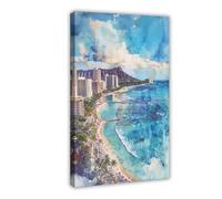 Poster de voyage aquarelle de Waikiki Beach, Hawaï, USA sur toile pour décoration de chambre à coucher, bureau, chambre, cadeau 40 x 60 cm