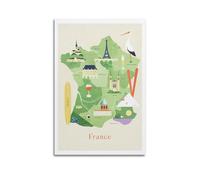 Poster de voyage avec carte illustrée de la France - Art mural moderne sur toile - Décoration esthétique - 20 x 30 cm - Style sans cadre