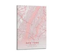 Poster de voyage New York, carte rose tendre, art mural moderne sur toile, décoration murale esthétique, 20 x 30 cm, style cadre