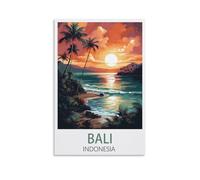 Poster de voyage vintage de Bali Indonésie - Motif coucher de soleil - 30 x 45 cm - Pour décoration d'intérieur, salle de bain, chambre à coucher, bureau, salon