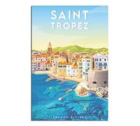 Poster de voyage vintage de la France Saint Tropez - Impression sur toile de Rivera - Décoration murale pour chambre à coucher, bureau - Cadeau de fête - 20 x 30 cm