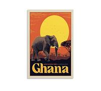 Poster de voyage vintage éléphant du Ghana - Peinture décorative sur toile - Poster mural et art - Décoration moderne pour chambre à coucher - 20 x 30 cm
