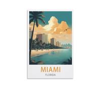 Poster de voyage vintage Miami Florida - Impression sur toile pour salon, chambre à coucher, dortoir, maison, bureau - 20 x 30 cm