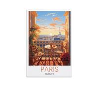 Poster de voyage vintage Paris France 30 x 45 cm Impression sur toile pour salon, chambre à coucher, dortoir, maison, bureau Décoration murale