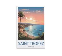 Poster de voyage vintage Saint Tropez France - Impression sur toile pour décoration d'intérieur : salon - 30 x 45 cm