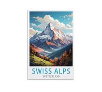 Poster de voyage vintage suisse des Alpes suisses - Impression sur toile pour salon, chambre à coucher, dortoir, maison, bureau - 20 x 30 cm