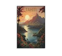 Poster de voyage vintage Tahiti Polynésie française coucher de soleil 40 x 60 cm Impression sur toile pour décoration murale salon chambre à coucher