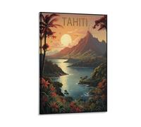 Poster de voyage vintage Tahiti Polynésie française, coucher de soleil 50 x 75 cm, décoration murale pour salon, chambre à coucher