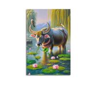 Poster décoratif sur toile asiatique Buffalo Lotus Flowers Serene Pond Willow Tree Oiseaux tropicaux Impression sur toile pour chambre à coucher 40 x 60 cm
