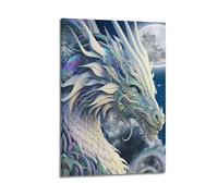 Poster décoratif sur toile représentant un dragon blanc céleste majestueux au milieu d'une nuit au clair de lune - 40 x 60 cm