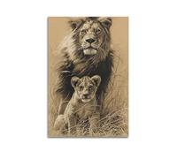 Poster décoratif sur toile représentant un grand lion et un petit lion - Poster mural moderne pour chambre à coucher - 20 x 30 cm