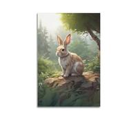 Poster décoratif sur toile représentant un lièvre dans la forêt avec des fougères, de la mousse et de la lumière du matin - 50 x 75 cm