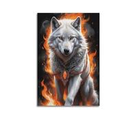 Poster décoratif sur toile représentant un loup de glace dans un vortex brûlant et un pendentif tribal en métal pour chambre à coucher (30 x 45 cm)