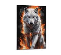 Poster décoratif sur toile représentant un loup de glace dans un vortex brûlant et un pendentif tribal en métal pour chambre à coucher (20 x 30 cm)